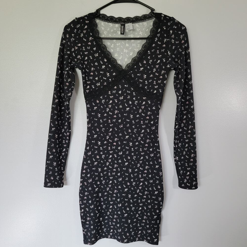 Coquette Bodycon Ditsy Floral Black Dress Womens Jrs XXS Cottagecore H&M Divided